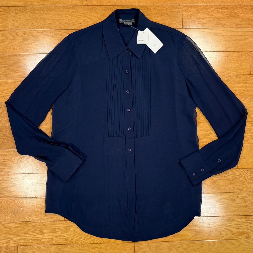 Vince NWT Navy Sheer Pleated Tuxedo Bib Silk Blouse Size 6 ($325)